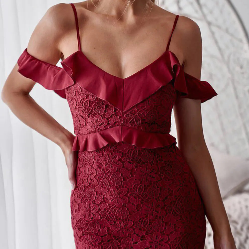 Bella Philosophy Burgundy Lace Ruffle Bodycon Dress