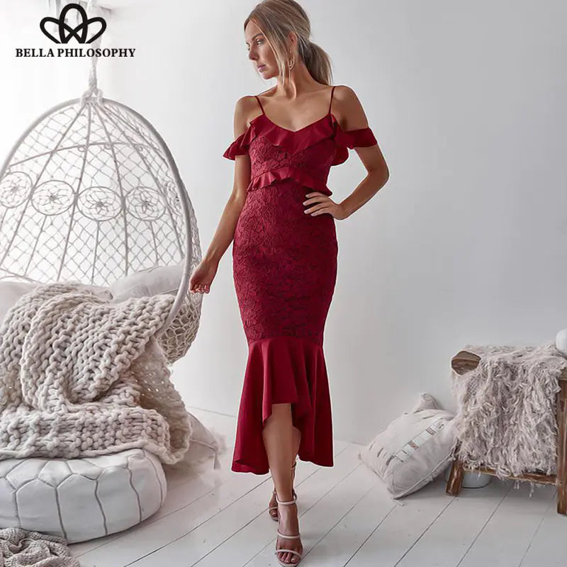 Bella Philosophy Burgundy Lace Ruffle Bodycon Dress