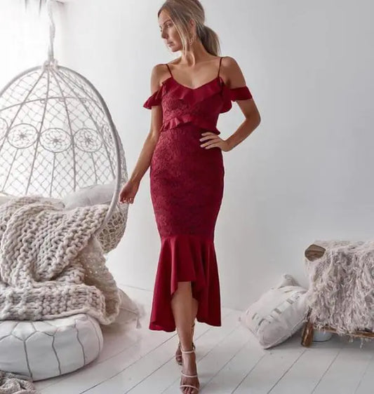 Bella Philosophy Burgundy Lace Ruffle Bodycon Dress