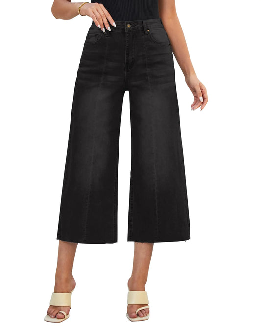 luvamia High-Waisted Wide Leg Jeans – Black Capri Style Summer Pants for Women, Size Small (4-6)